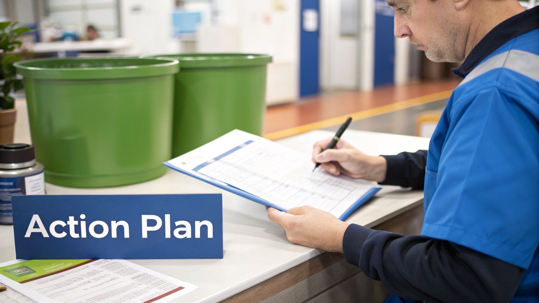 A man in a blue uniform writes on a document, next to an "Action Plan" sign and green bins.