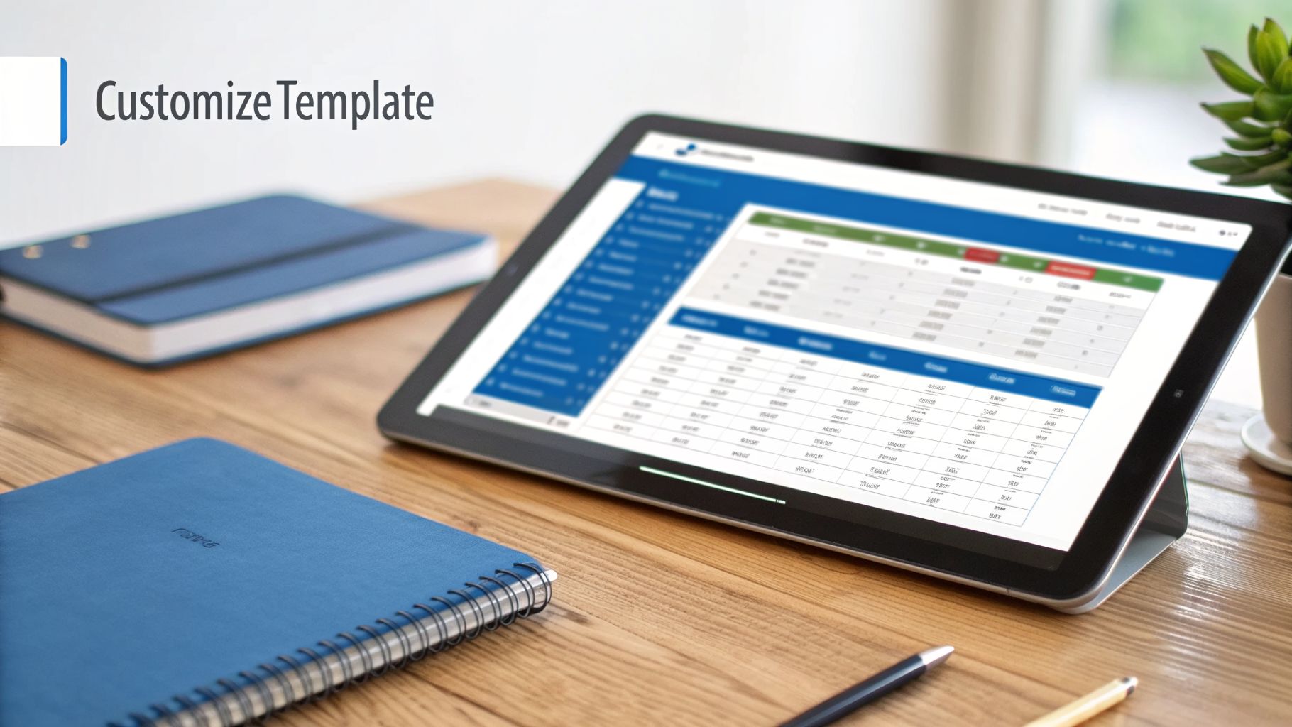 Tablet displaying a customizable financial report template, with notebooks and pens on a wooden desk.