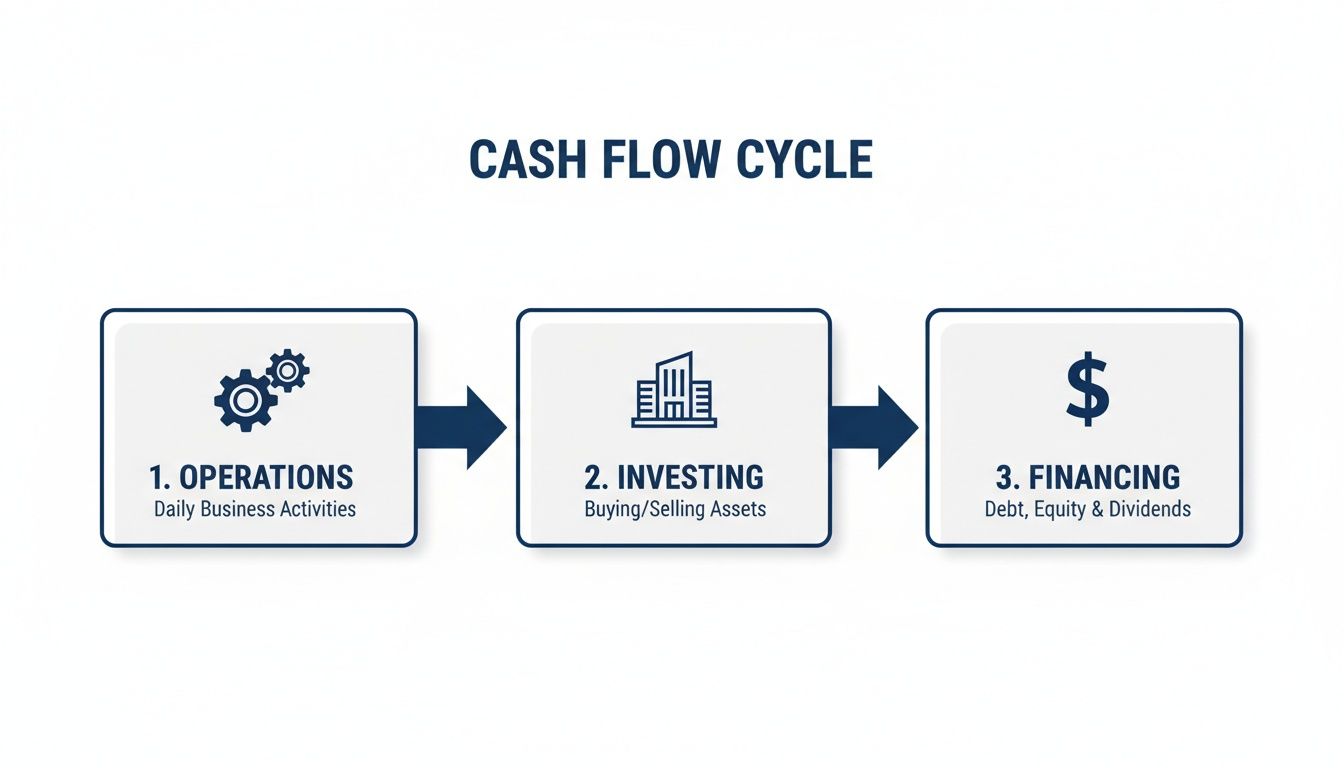 A diagram illustrating the cash flow cycle, showing three stages: operations, investing, and financing.