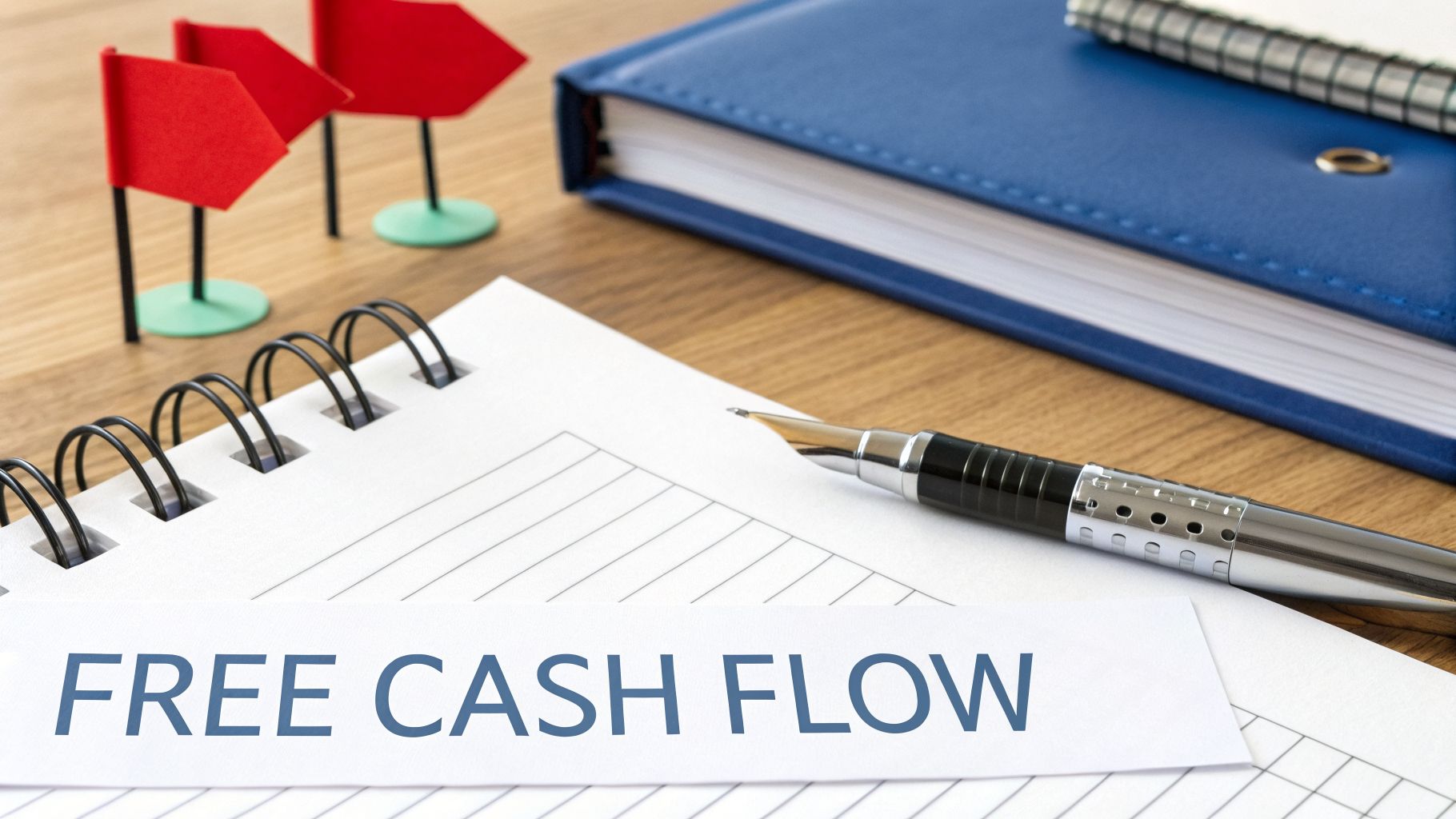 A desk with a notebook showing 'FREE CASH FLOW', a pen, a blue binder, and red flags.