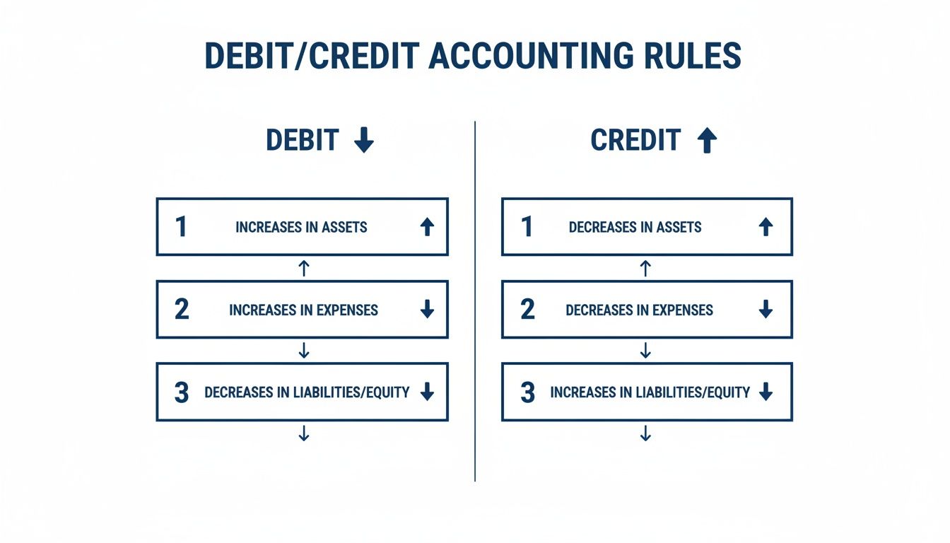 Infographic outlining debit and credit accounting rules for assets, expenses, liabilities, and equity.