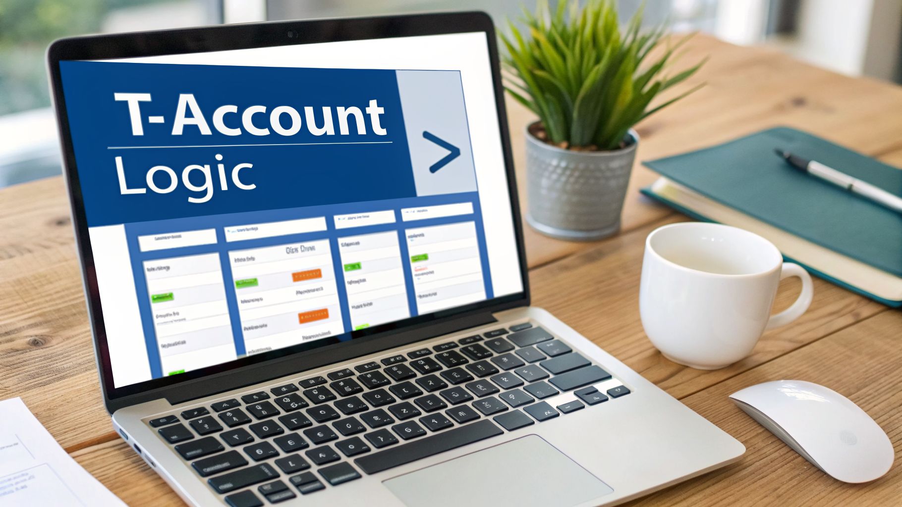 A laptop screen showing "T-Account Logic" software, next to a plant, coffee cup, and notebook on a wooden desk.