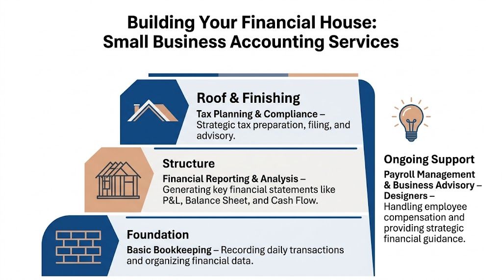 A diagram illustrating small business accounting services as a house, showing foundation, structure, and roof levels.