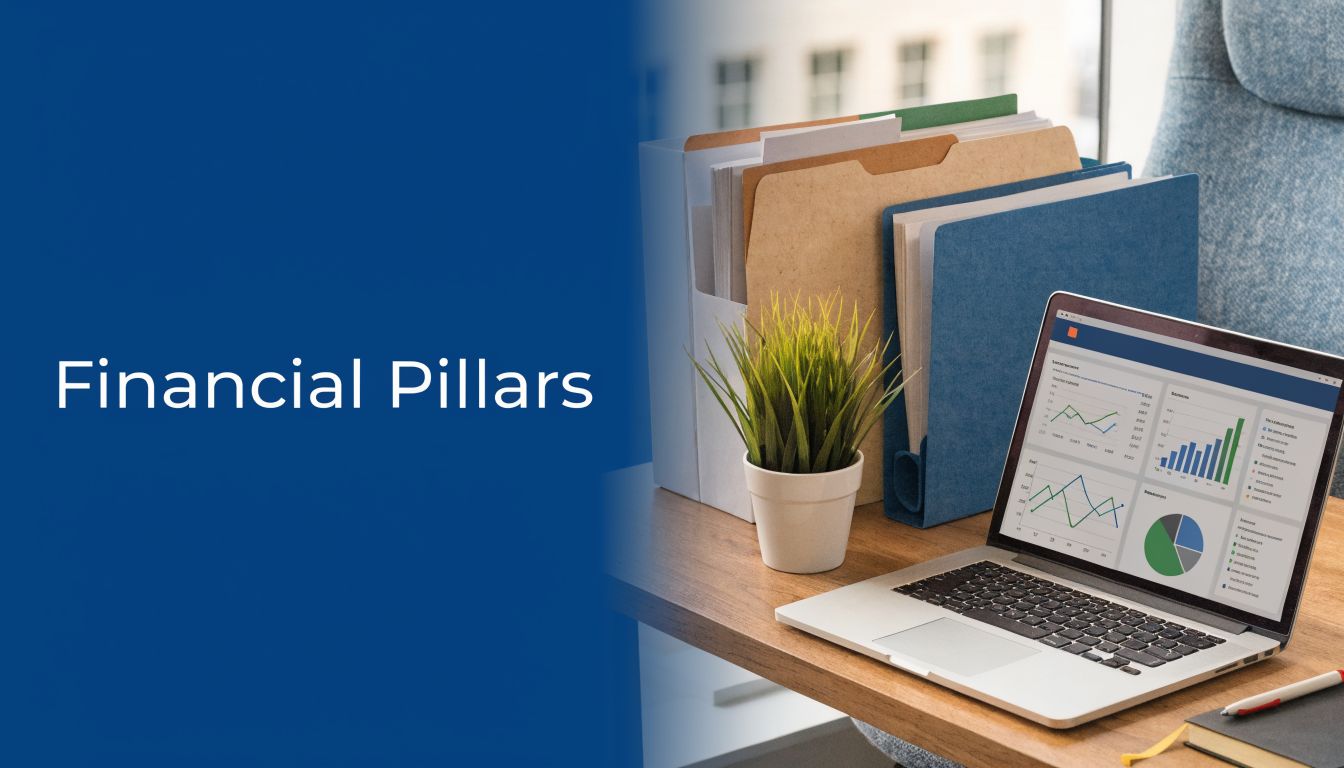 A professional workspace featuring a laptop displaying financial charts, organized folders, and a small potted plant.