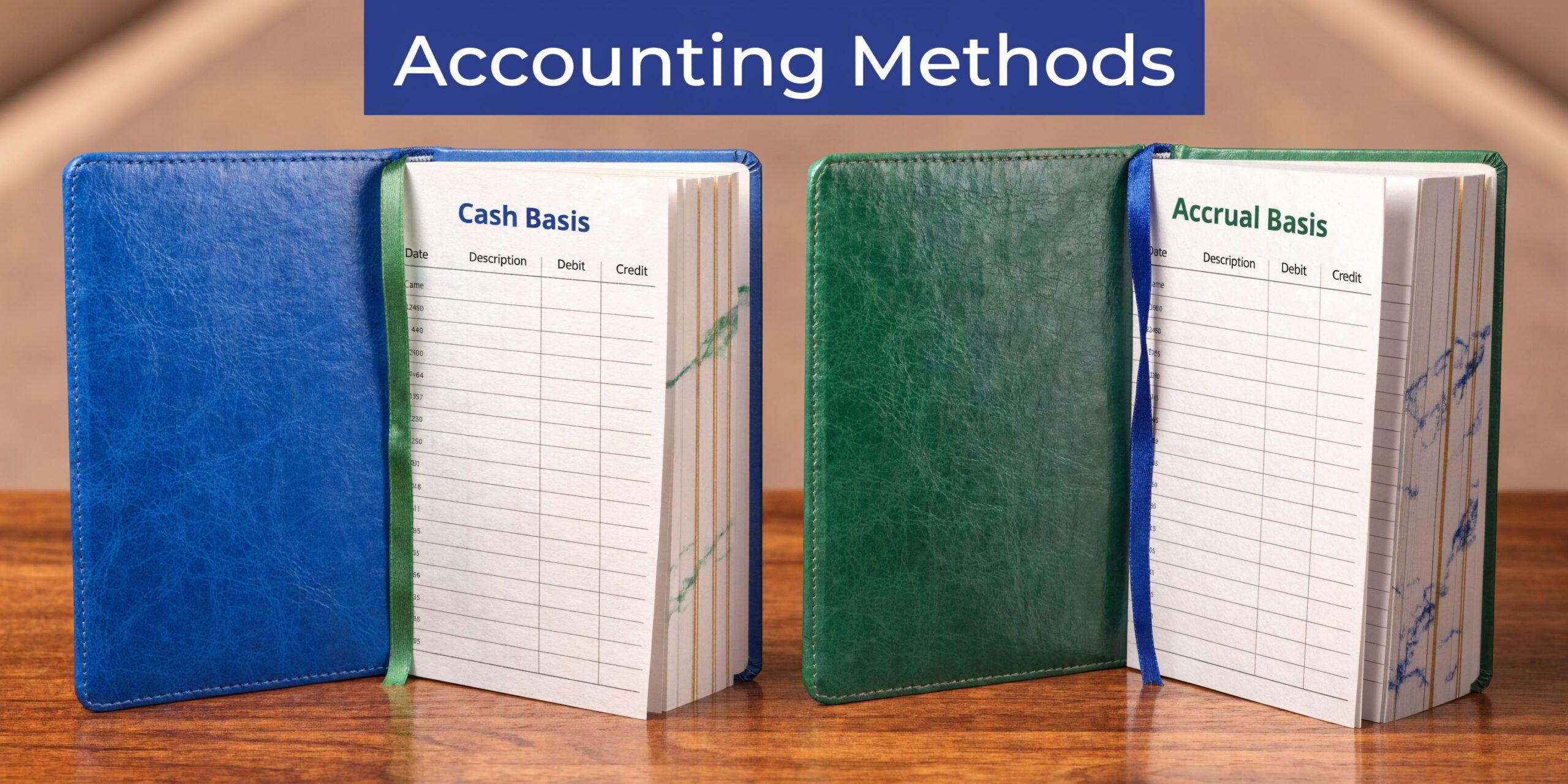 Two accounting notebooks on a wooden table labeled Cash Basis and Accrual Basis for financial documentation.