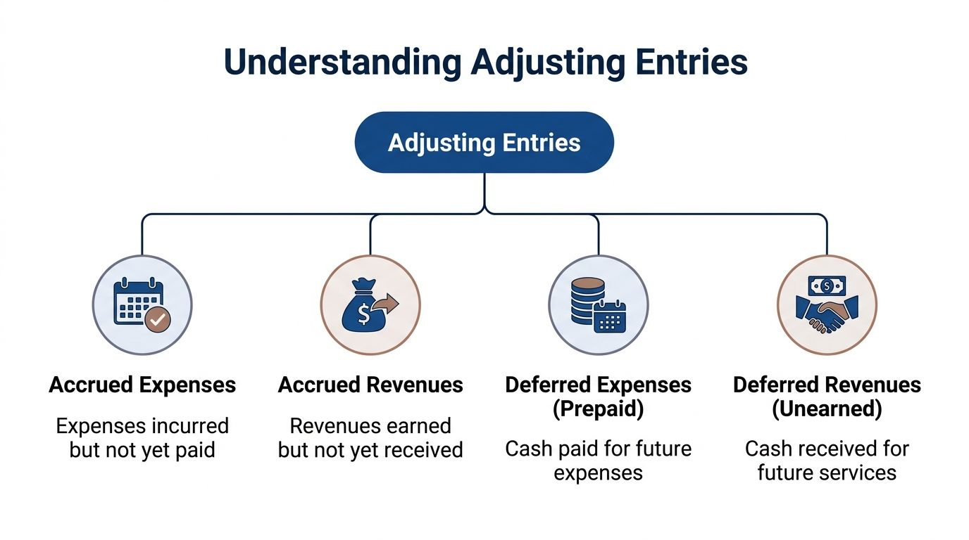 A diagram illustrating the four types of accounting adjusting entries: accrued expenses, accrued revenues, deferred expenses, and deferred revenues.