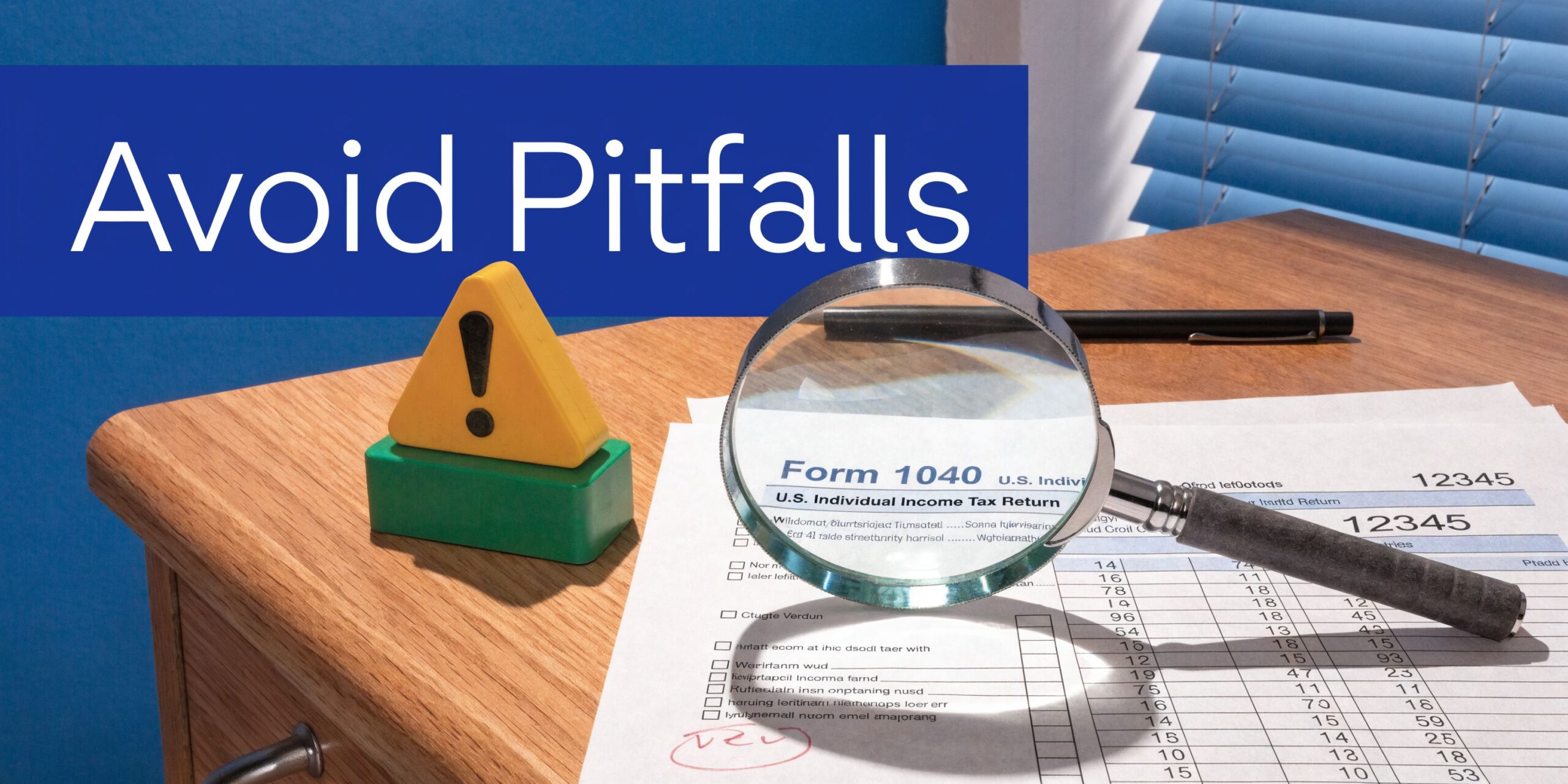 A magnifying glass inspecting a tax form on a wooden desk with a warning symbol nearby.