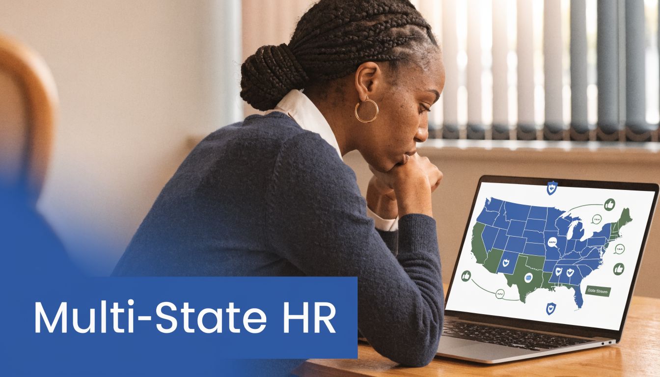 A professional woman looking thoughtfully at a laptop screen displaying a US map with various HR icons.