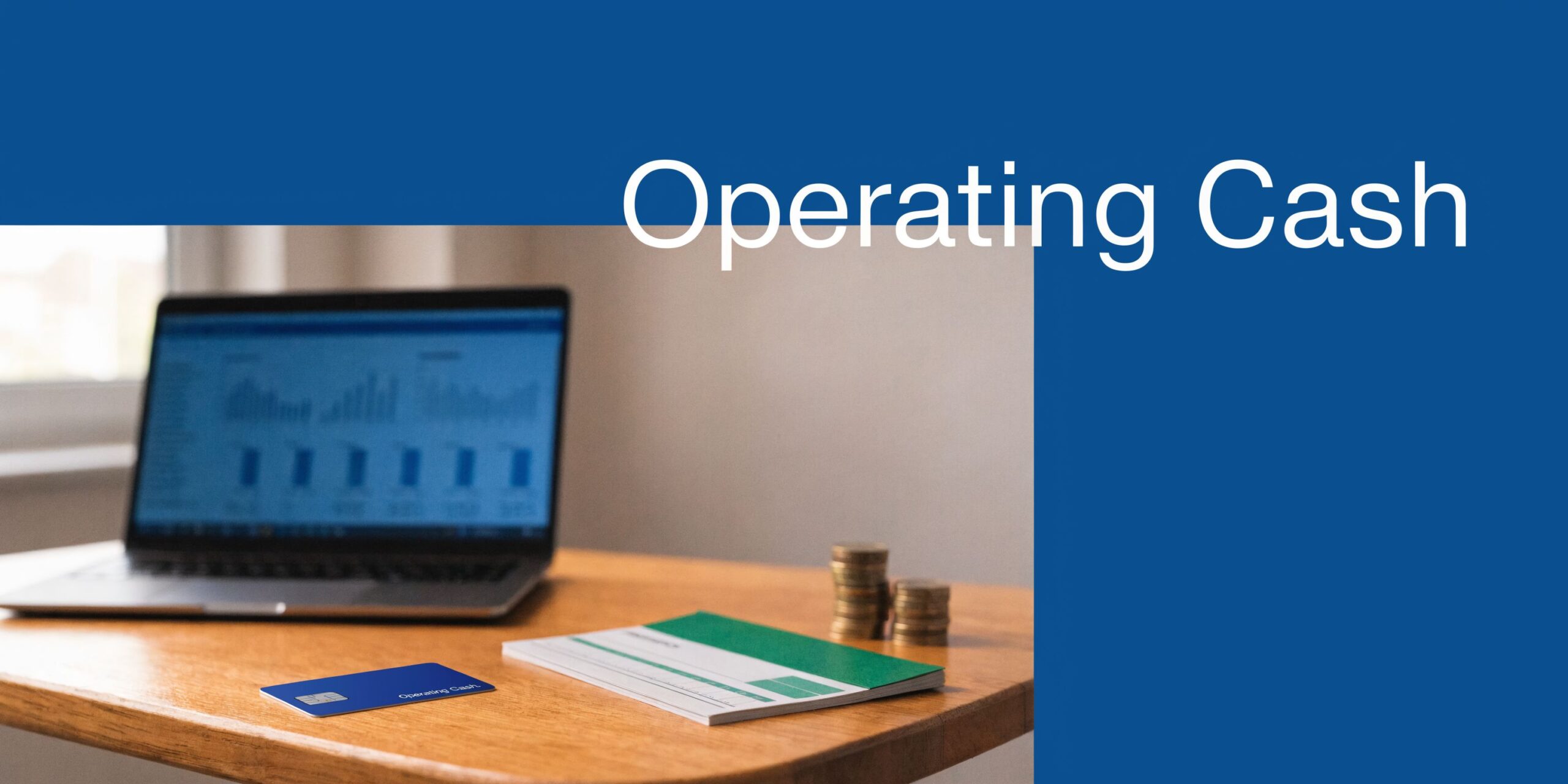 A wooden desk holding a laptop with financial charts, a blue credit card, and stacks of coins.