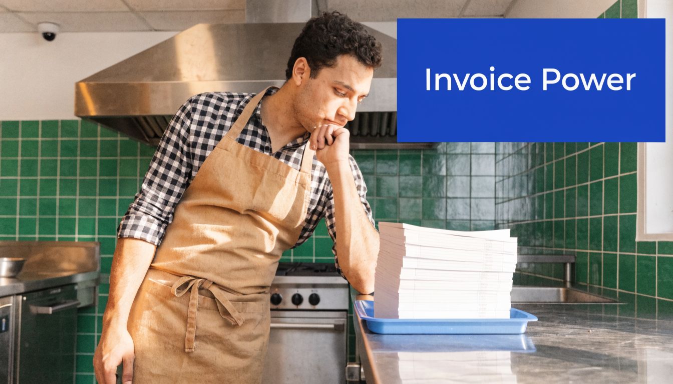 A chef in a kitchen looking thoughtfully at a large stack of paper invoices in a blue tray.
