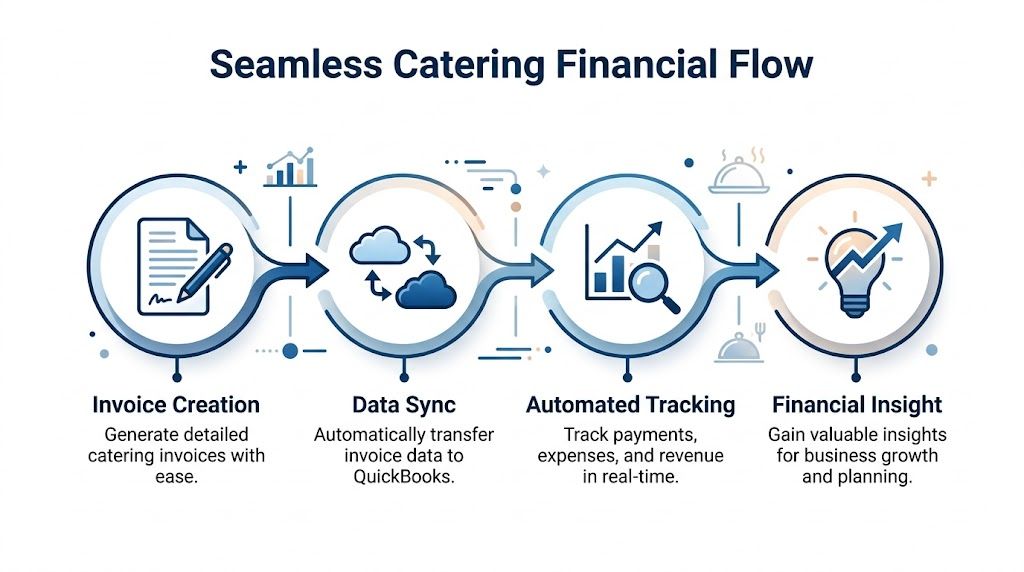 A diagram illustrating a four-step catering financial workflow including invoice creation, data synchronization, tracking, and financial insights.