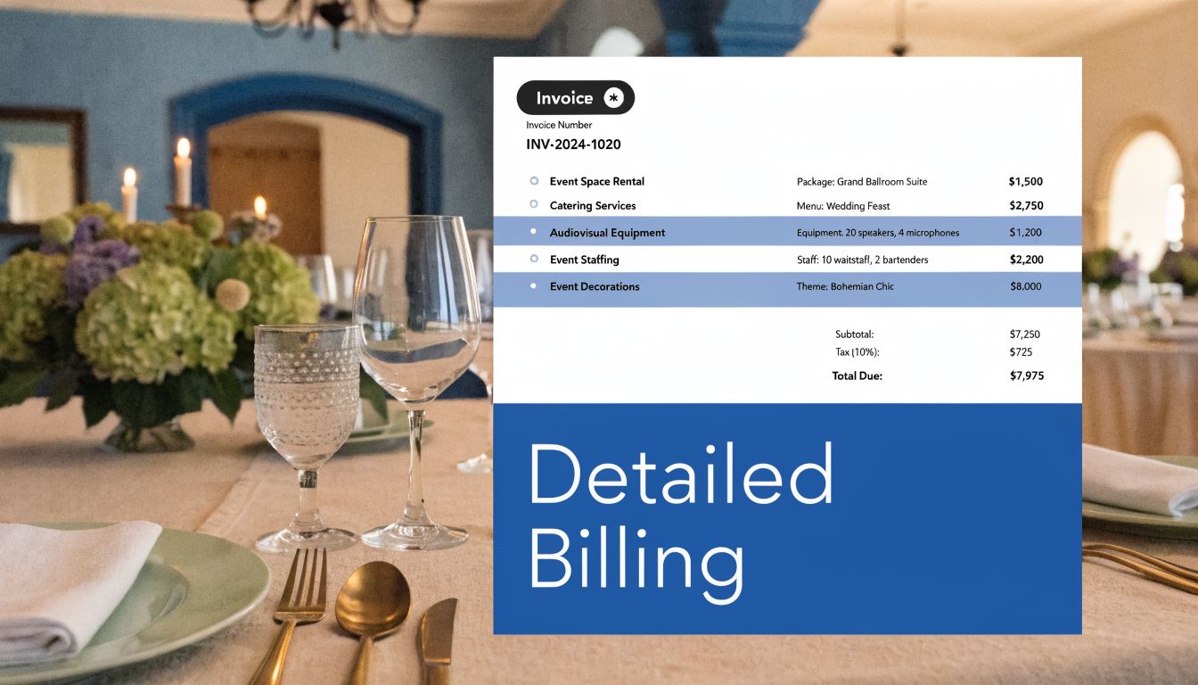 A detailed event invoice displayed over a beautifully set formal dining table for a wedding reception.