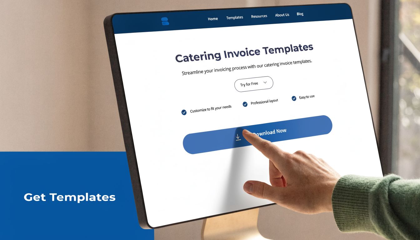 A hand interacting with a computer screen displaying a website for professional catering invoice templates.