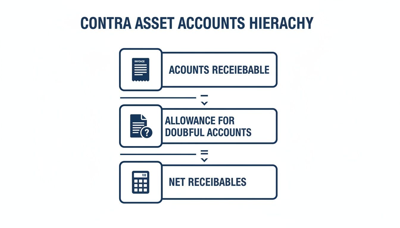 A diagram illustrating the hierarchy of contra asset accounts, including accounts receivable and net receivables.