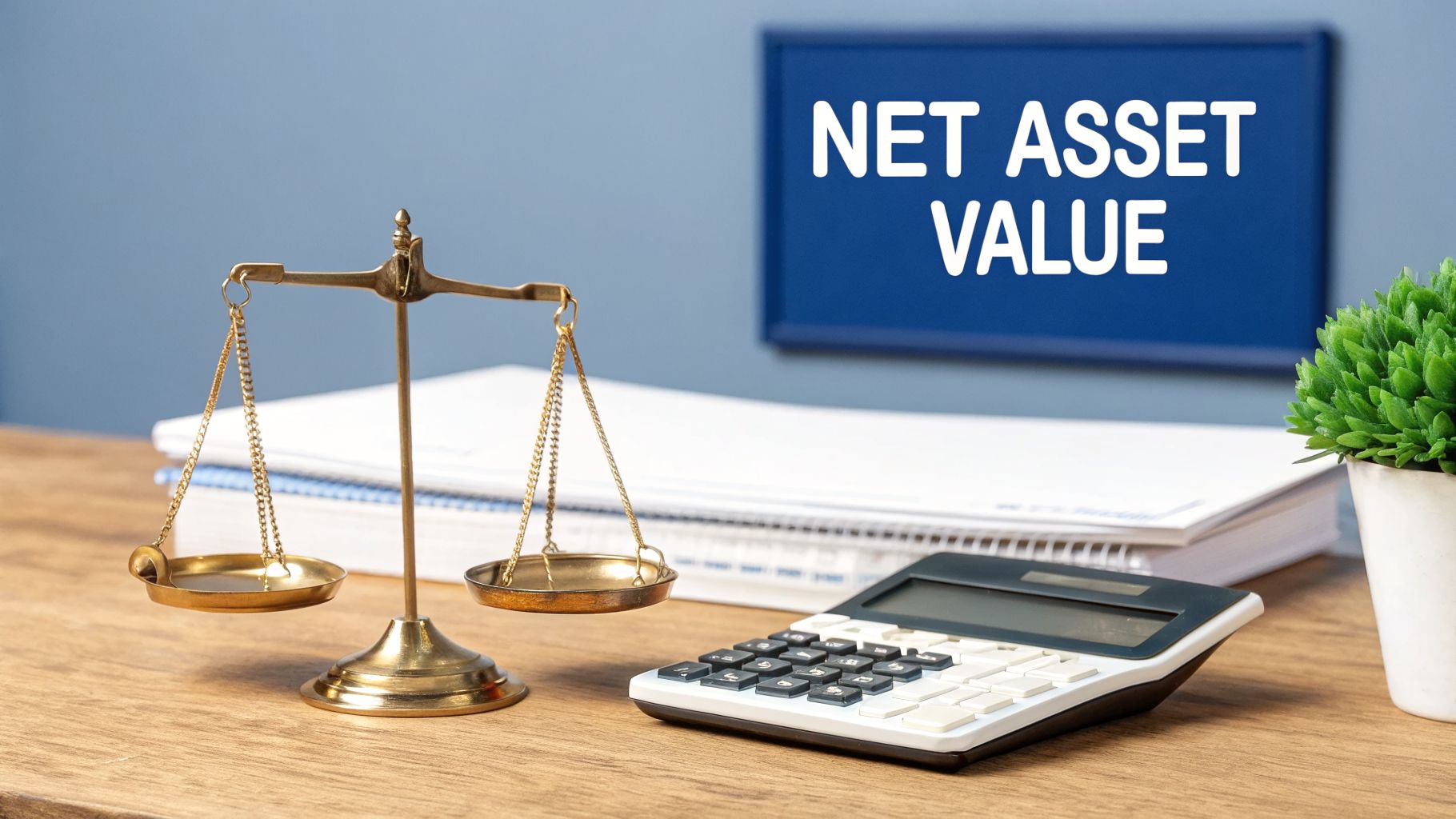 A desk setup with a gold balance scale, calculator, and papers, displaying 'NET ASSET VALUE' in the background.