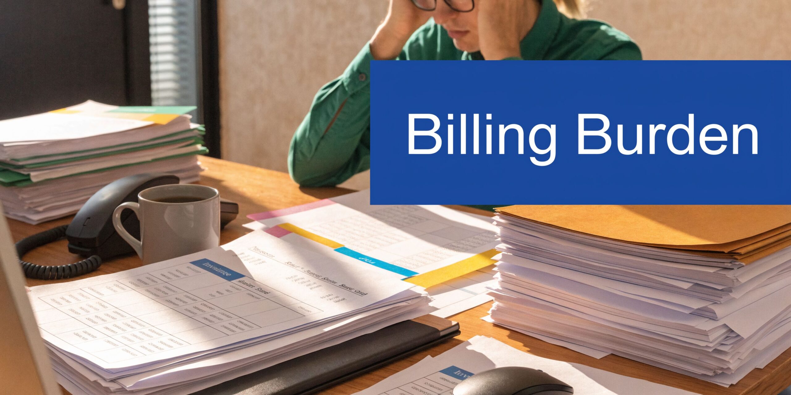 A person sitting at a desk feeling overwhelmed by a large pile of paperwork and billing documents.