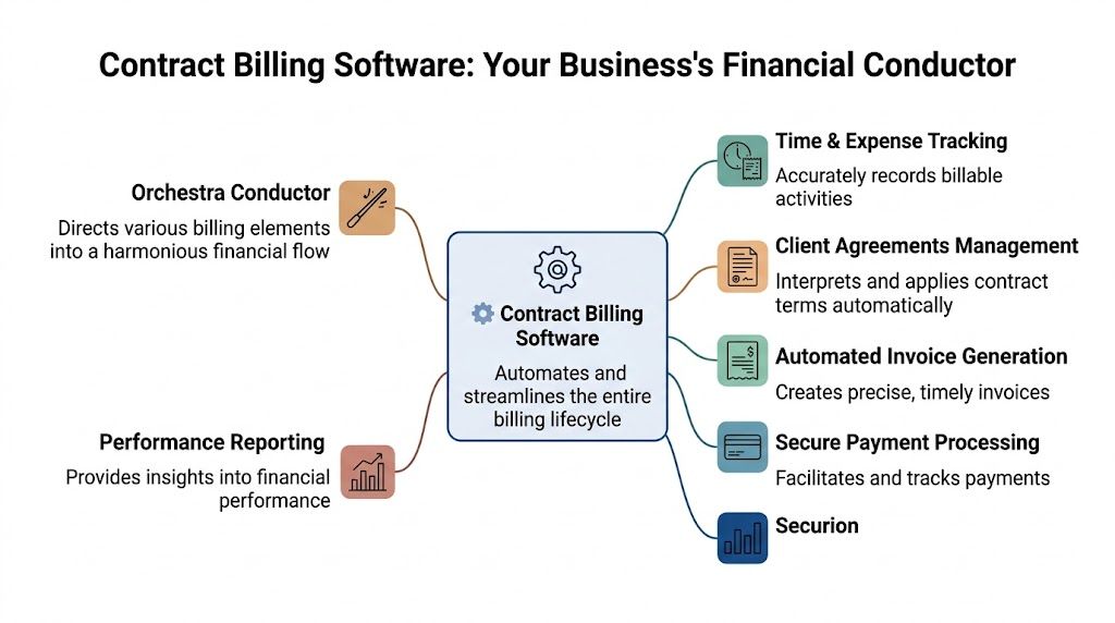 A diagram illustrating how contract billing software automates business financial processes like tracking, invoicing, and reporting.