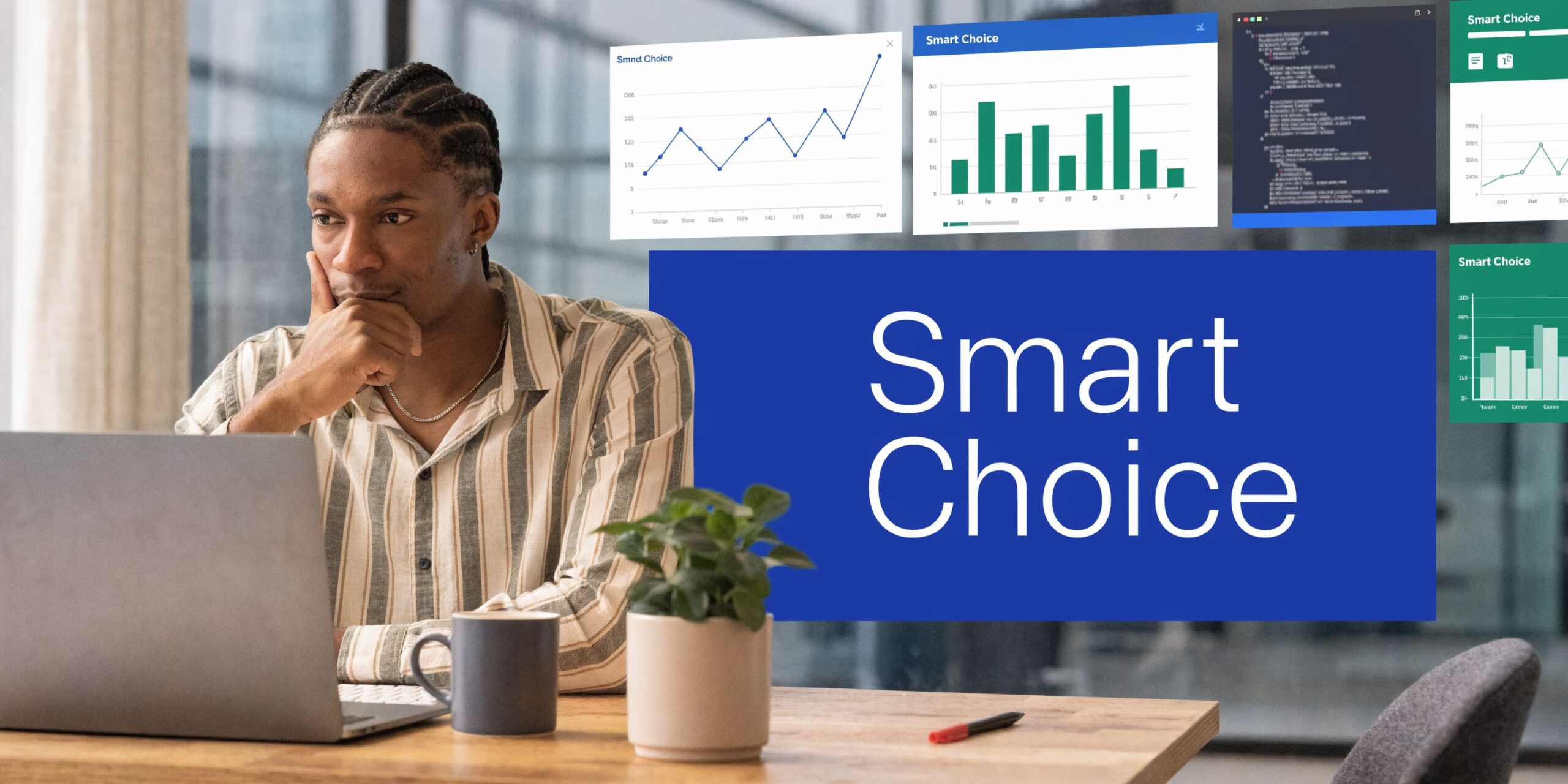 A professional man thinking while working on a laptop with data analytics charts and software code displayed.