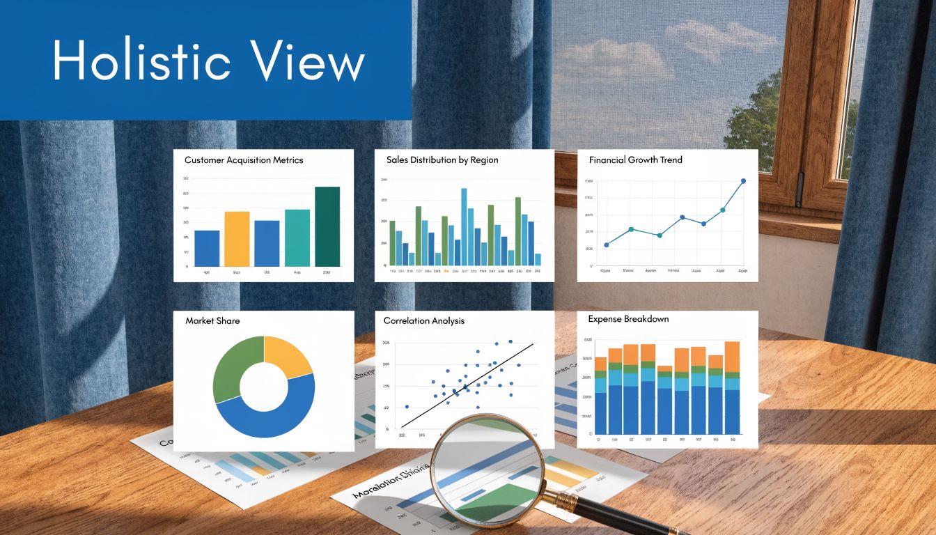 A professional desk setting displays multiple data visualization charts for analyzing business performance metrics and financial growth trends.