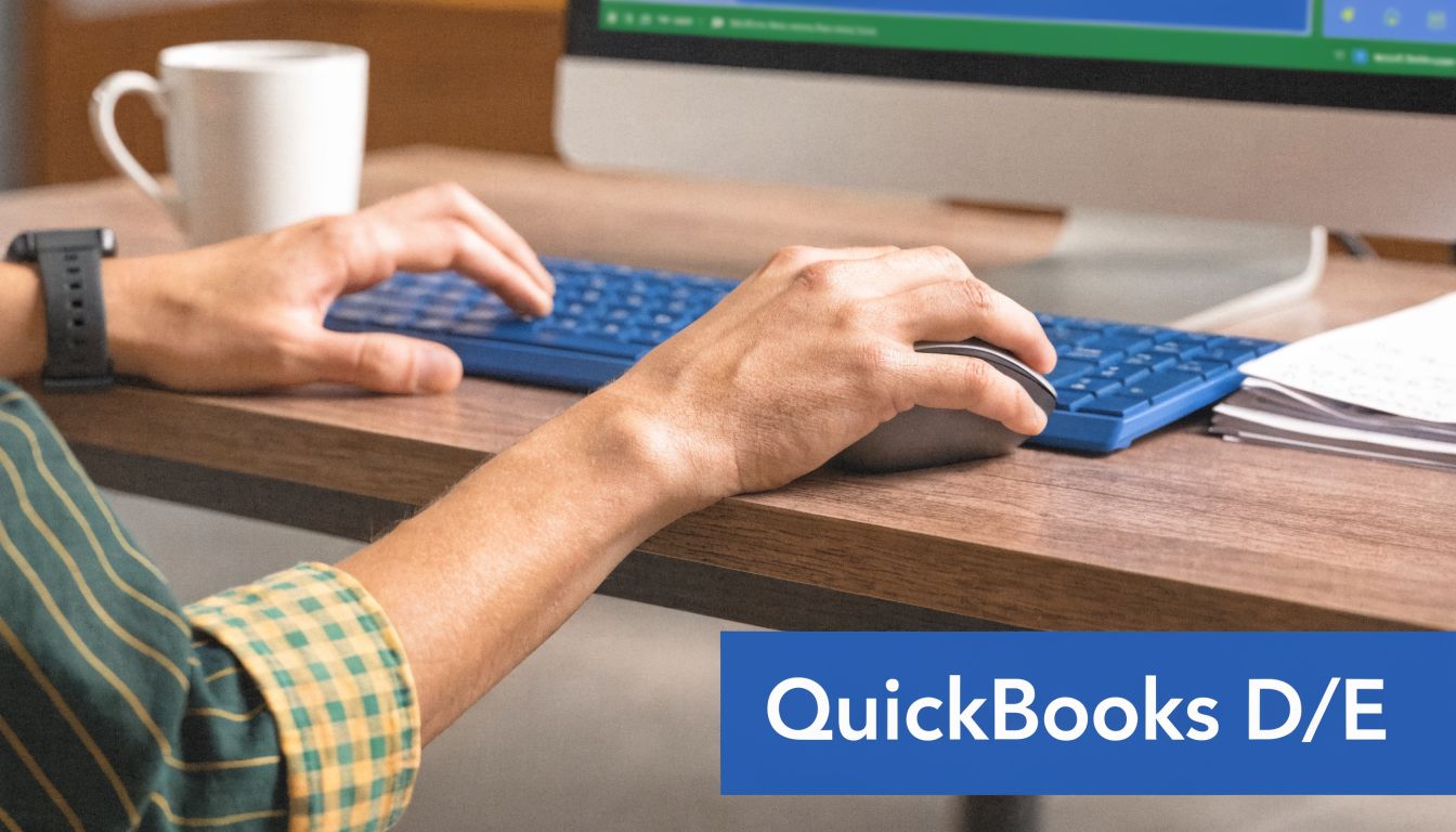 A person sitting at a desk typing on a blue keyboard while using a computer mouse.