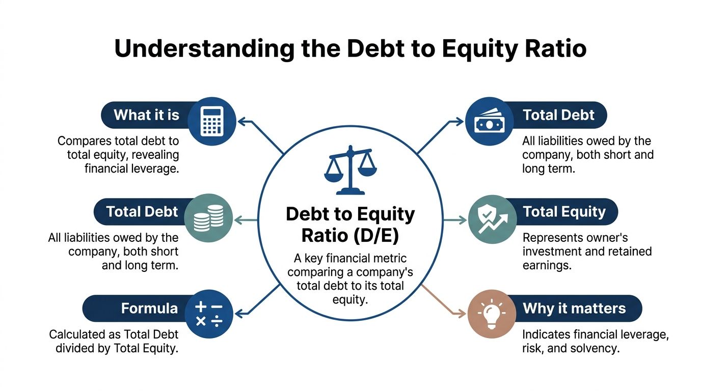 An infographic titled Understanding the Debt to Equity Ratio explaining its components, formula, and financial significance.