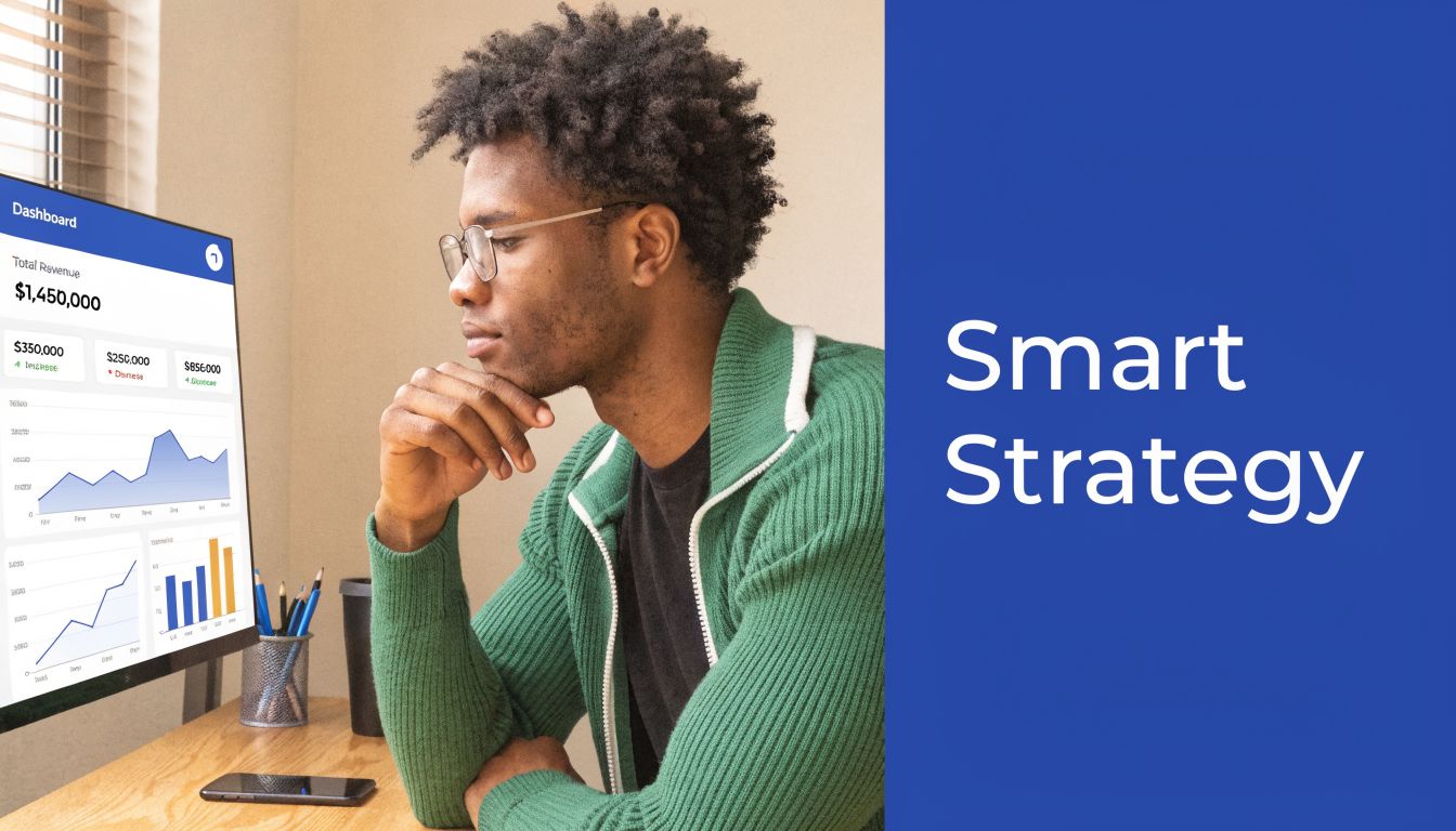 A young man with glasses looks thoughtfully at a computer monitor displaying business financial analytics and data charts.