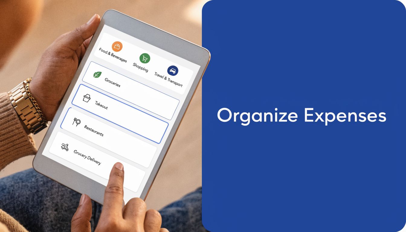 A person using a digital tablet to organize expenses through an app with various spending categories.