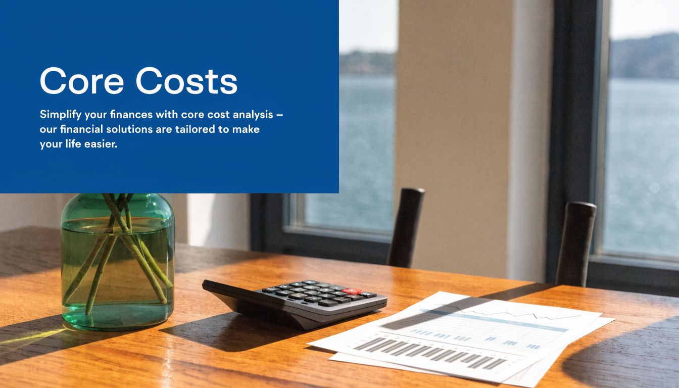 A glass vase, a calculator, and financial charts on a wooden table with a blue title banner.