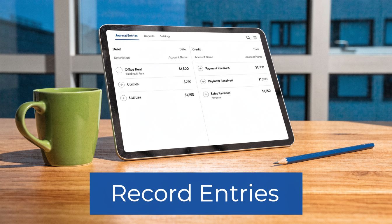 A tablet on a wooden desk displaying accounting journal entries with a cup of coffee and pencil.