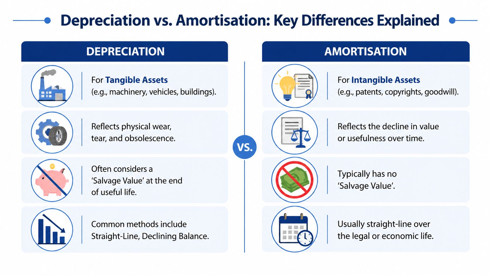 A comparison chart highlighting the key differences between depreciation for tangible assets and amortisation for intangible assets.