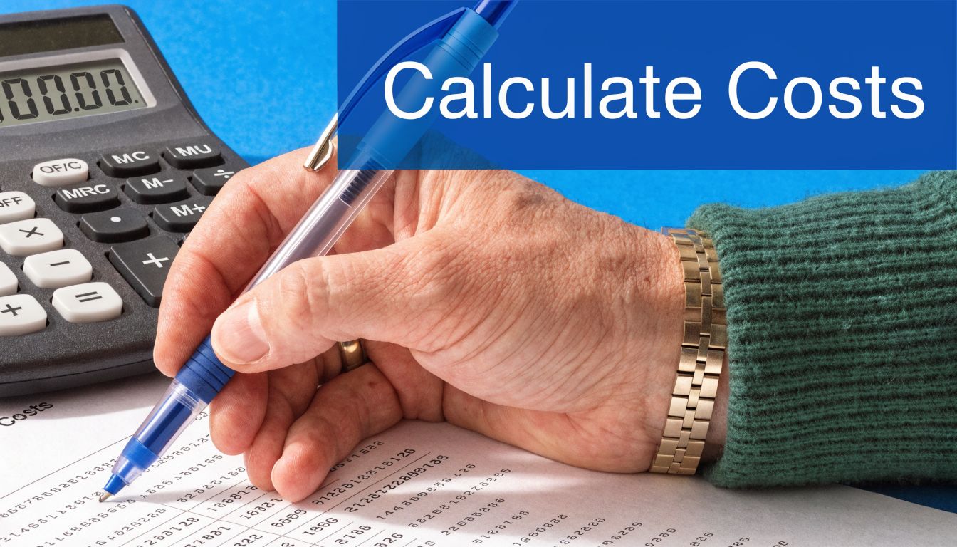 A person calculating costs on a document with a pen and a calculator on a blue background.