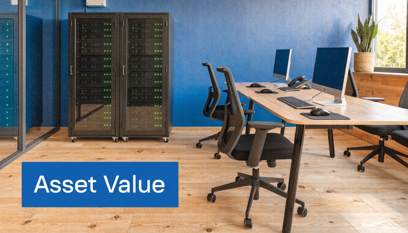 A modern office space featuring server racks, computer desks, and professional ergonomic office chairs on wooden flooring.