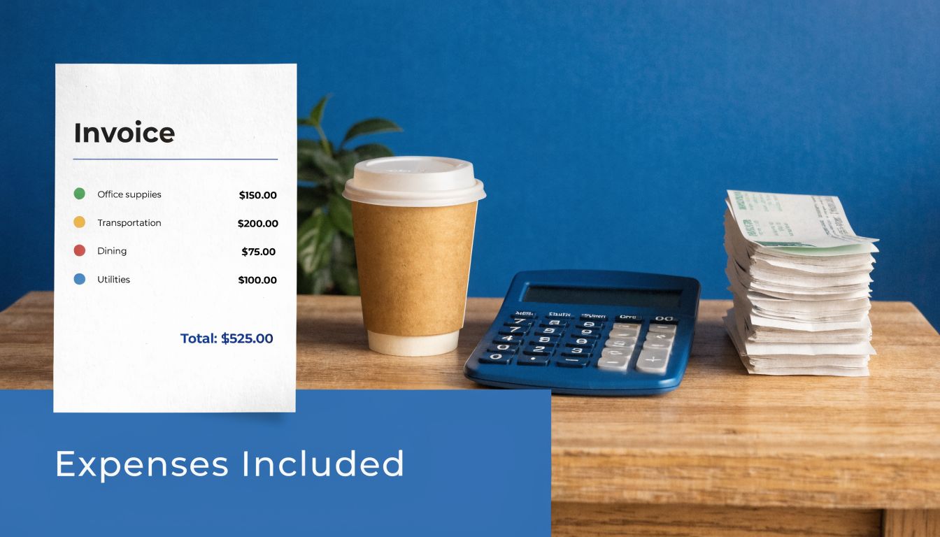 A paper invoice detailing office expenses next to a coffee cup, a calculator, and a stack of receipts.