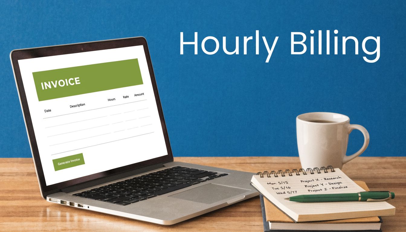 A laptop showing an invoice template with a notepad and a coffee mug on a wooden desk.