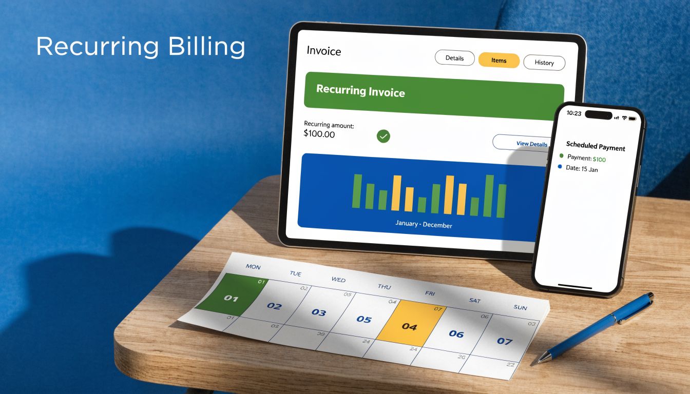 A tablet and smartphone displaying recurring billing invoices and data charts on a wooden desk with a calendar.