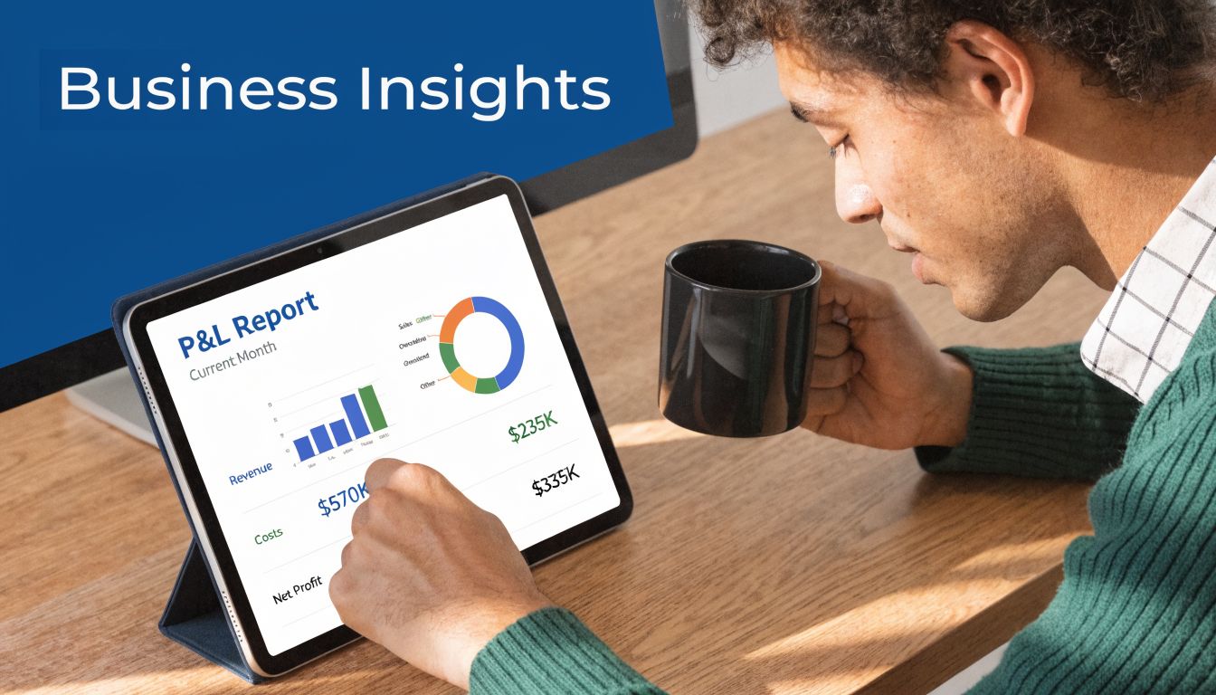 A young man analyzing a P&L business report on a digital tablet while holding a coffee mug.