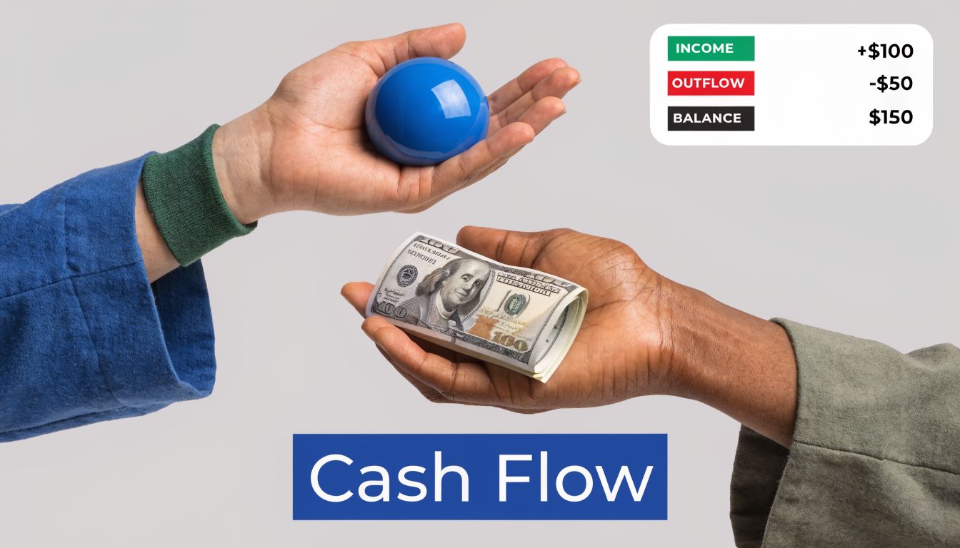 Two hands holding a blue ball and a rolled-up hundred dollar bill against a grey background.