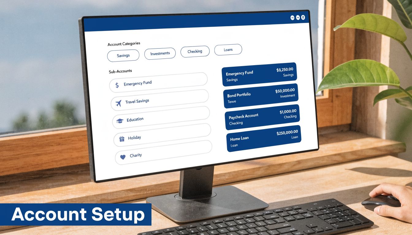A computer monitor displaying an account setup dashboard with various financial categories, sub-accounts, and balance details.