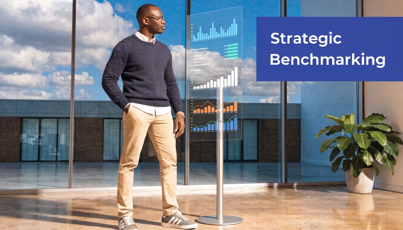 A professional man standing next to a transparent glass screen displaying complex business data charts.