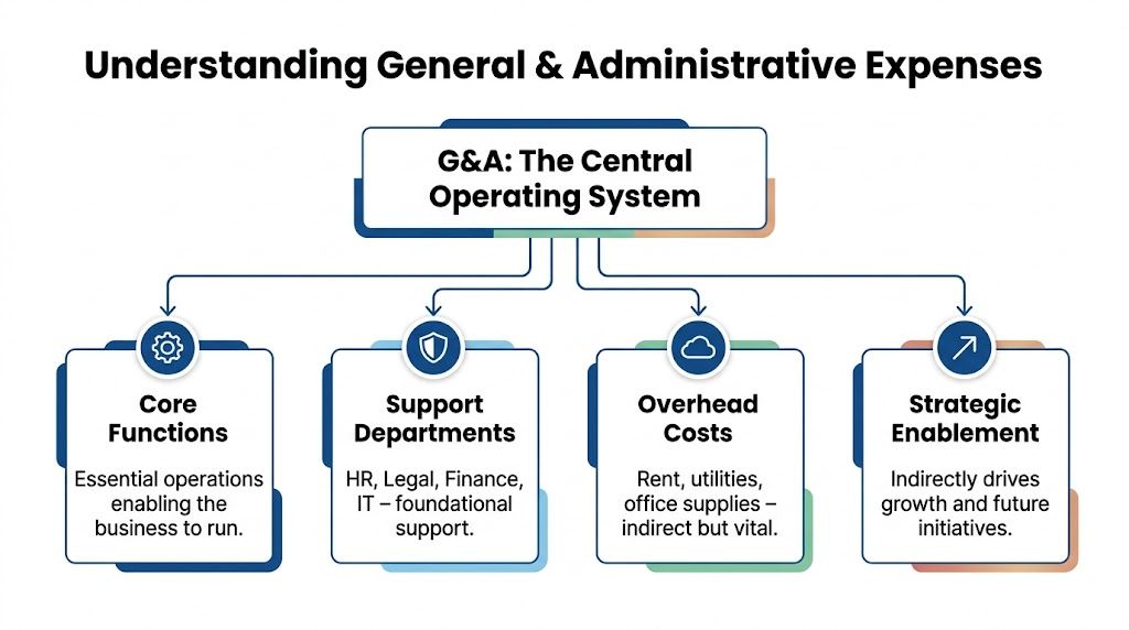 A diagram illustrating General and Administrative expenses as a central operating system for business functions.
