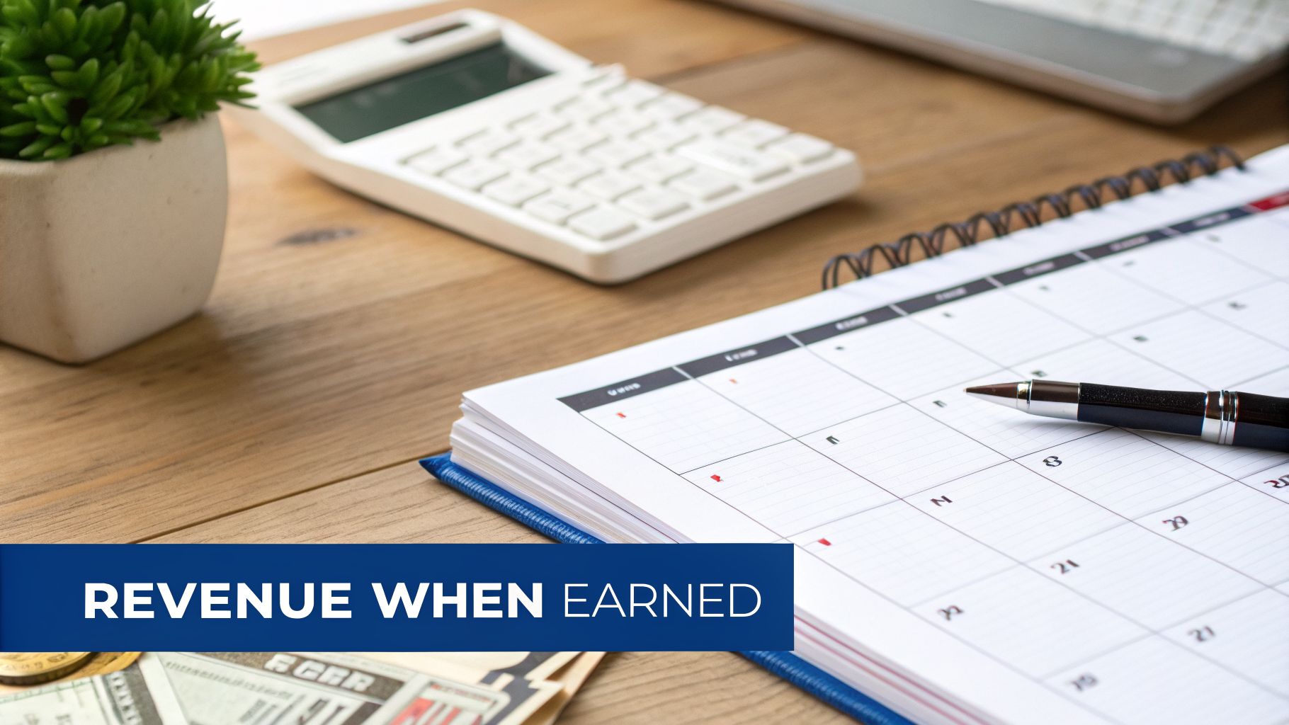 Desk setup with calculator, calendar, pen, plant, and money, highlighting 'Revenue When Earned' concept.