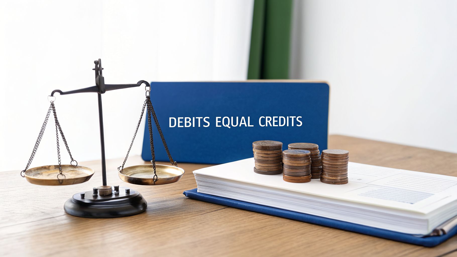 A balance scale, a blue book stating 'Debits Equal Credits', and stacks of coins on financial ledgers.