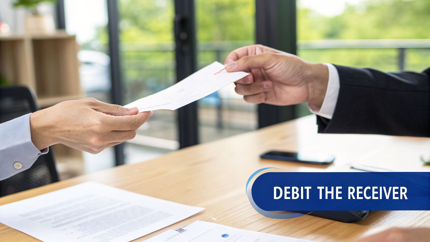Two business professionals exchanging a white document, with the text 'DEBIT THE RECEIVER' visible on a blue banner.