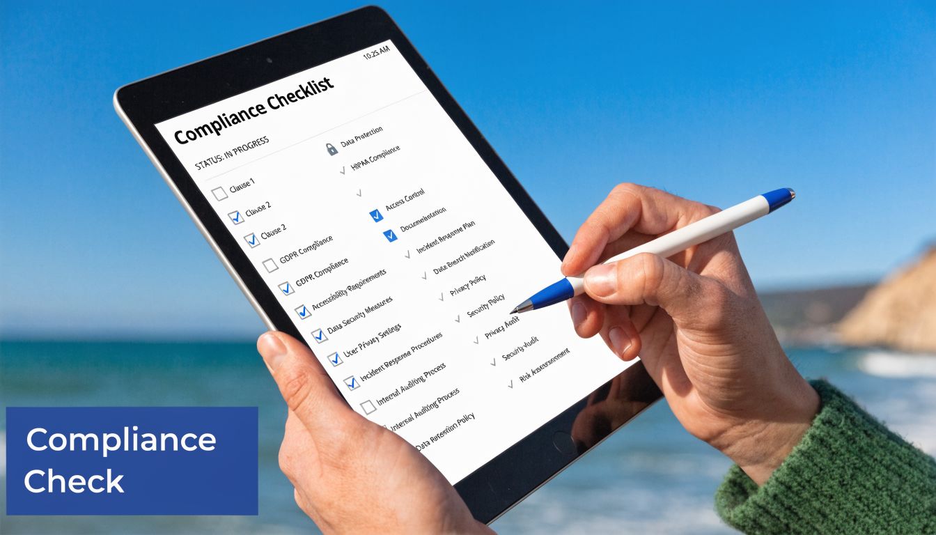 A person holding a digital tablet featuring a compliance checklist while standing outdoors near the ocean.