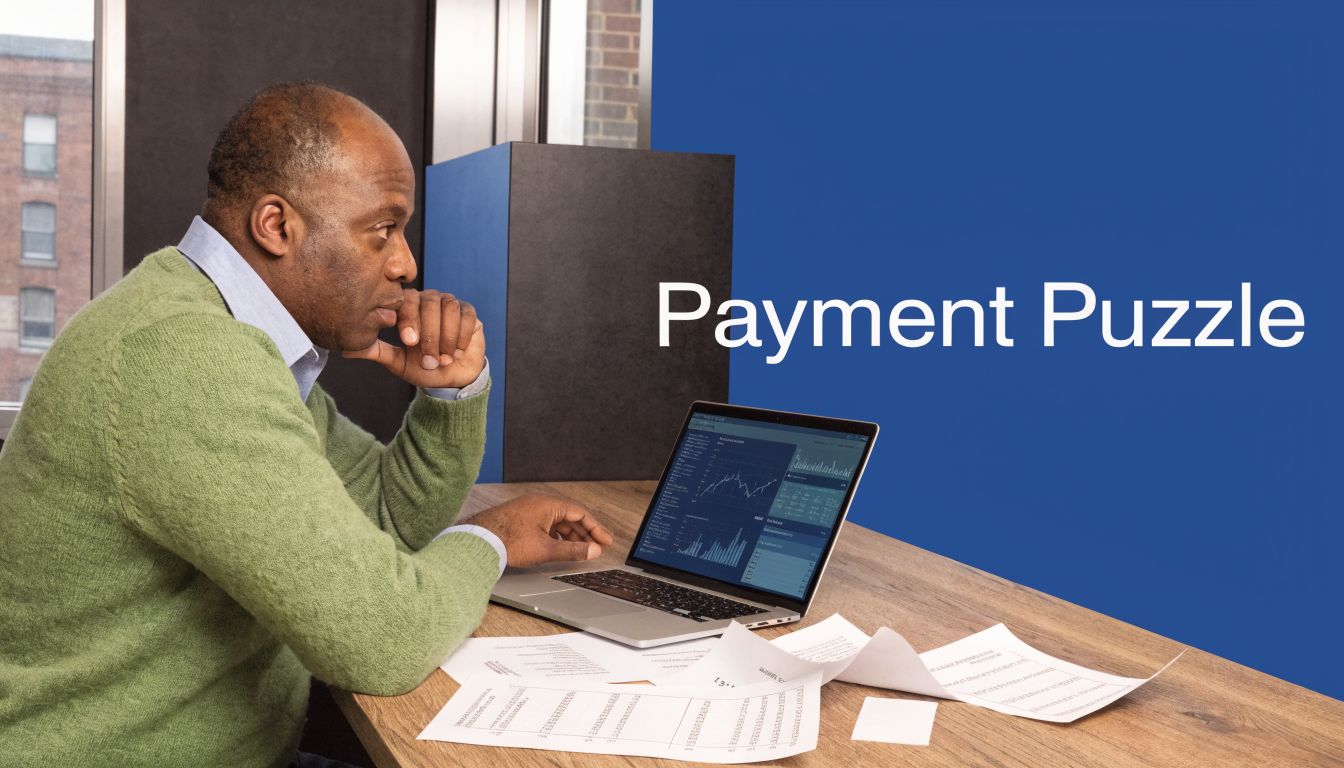 A man in a green sweater sits at a wooden desk, contemplating financial data on his laptop.