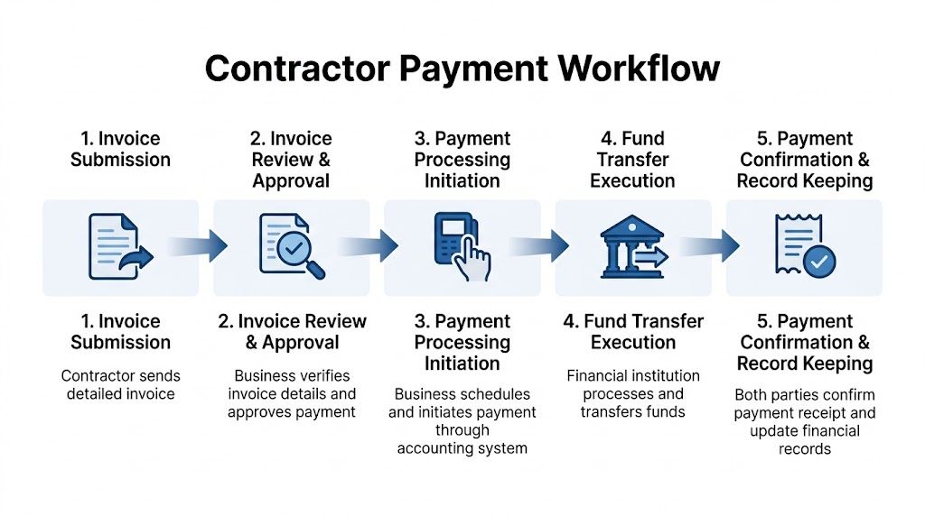 A five-step flowchart illustrating the professional contractor payment workflow from invoice submission to final record keeping.