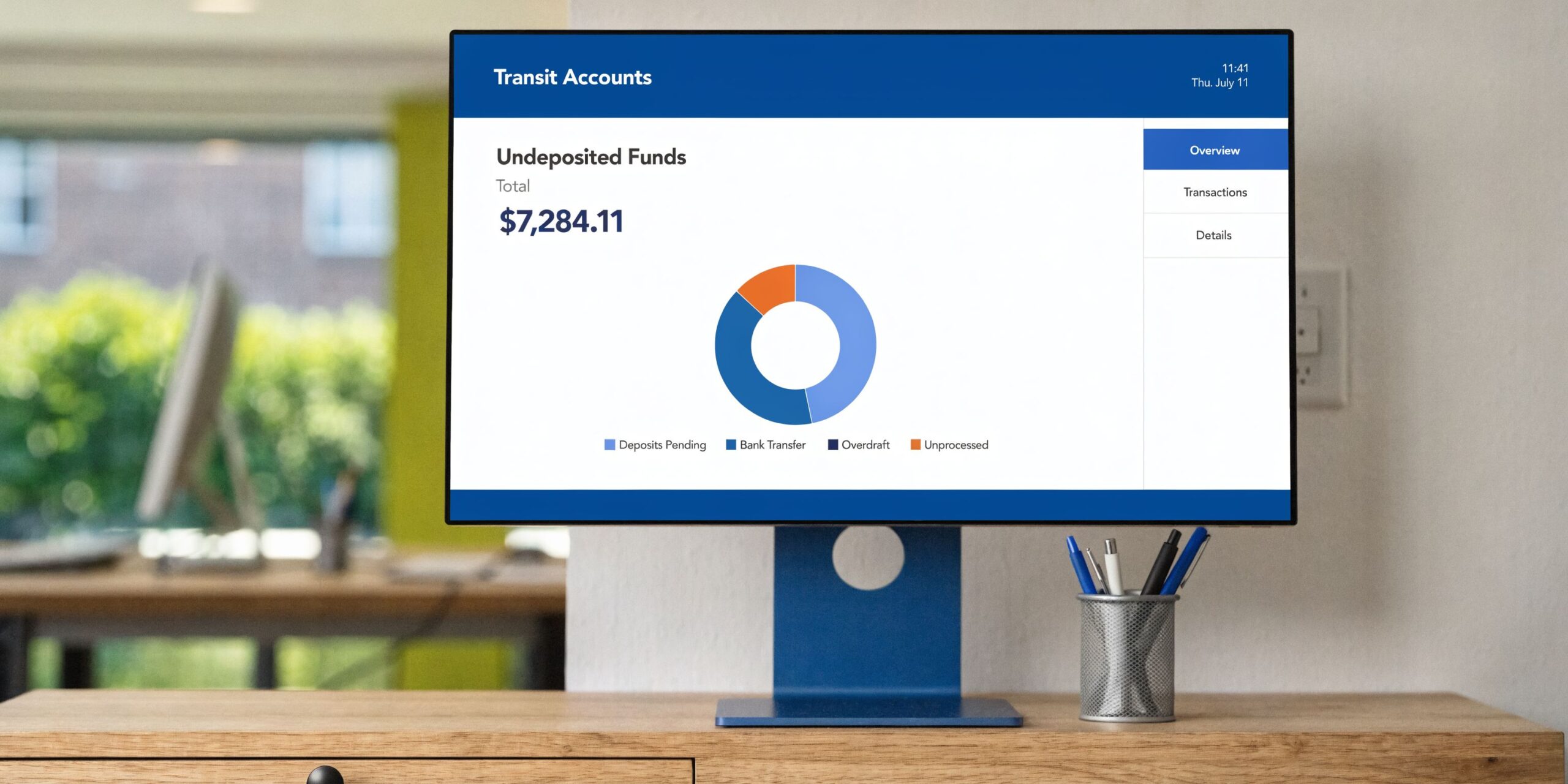 A modern computer monitor displays a financial dashboard showing the total undeposited funds of 7,284.11 dollars.