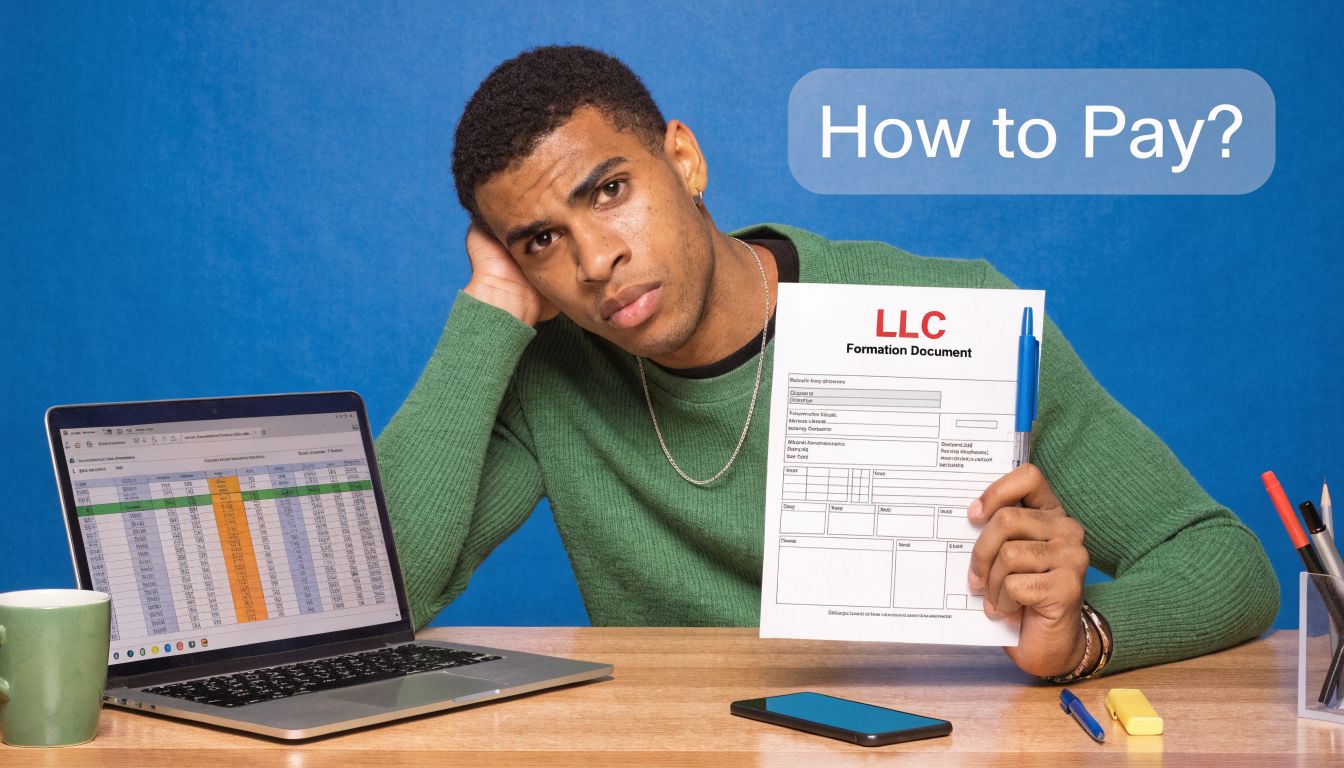 A confused man in a green sweater holding an LLC formation document while looking at a spreadsheet.