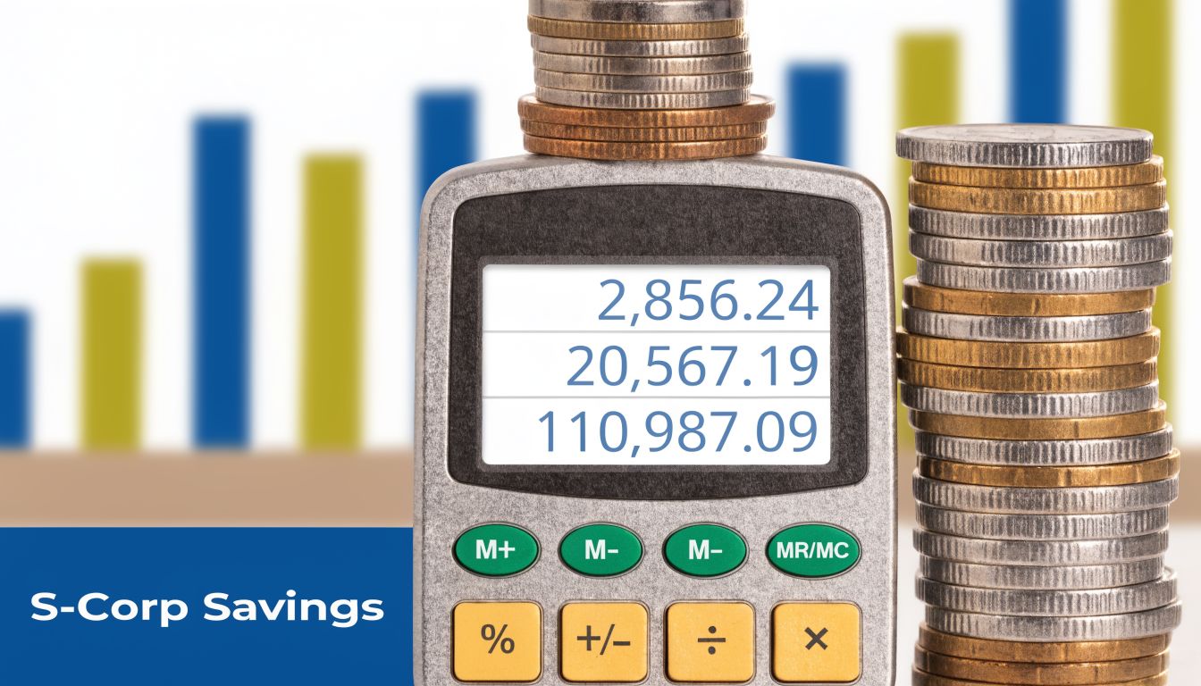 A calculator displaying financial figures with stacks of coins and a growth chart in the background.