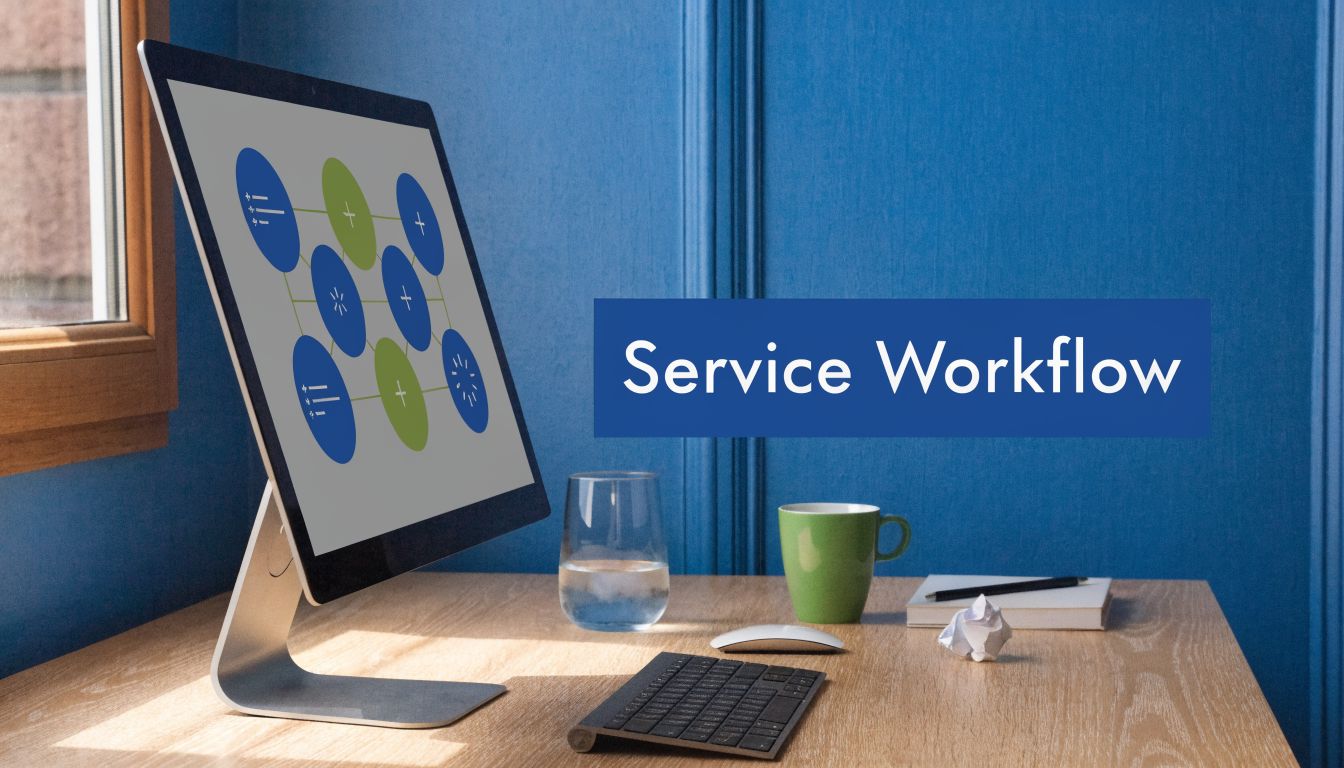A sleek desktop computer display showing a service workflow diagram on a wooden office desk.